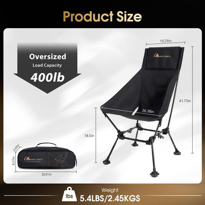 MOON LENCE Oversized High Back Camping Chair for Adults, Height Adjustable Folding Camp Chair | 400 lbs Capacity & 5.4 lbs Weight, Hidden Pillow Pocket Wide Seat for Camping Fishing Overlanding, Black