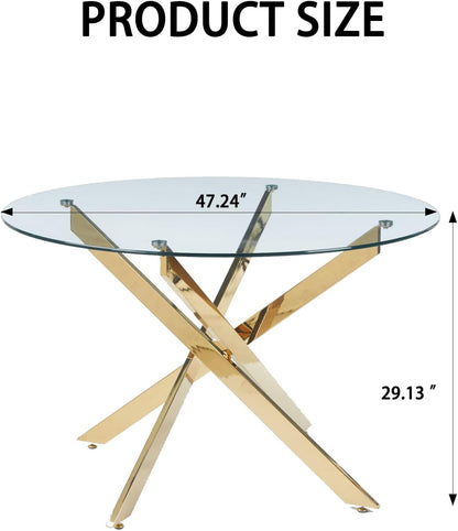 47.24" Round Dining Table for 6 8, Modern Clear Glass Kitchen Table for 6 with Gold X Metal Legs, Contemporary Circle Dining Room Leisure Tables for Kitchen Apartment
