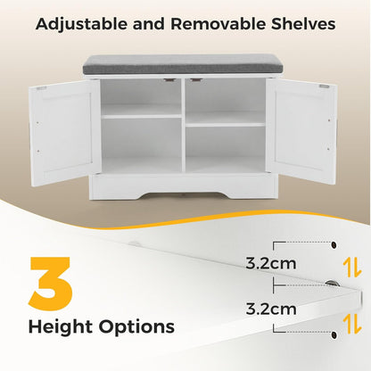 Shoe Bench 28" Wide, Entryway Bench with Padded Seat Cushion, Spacious Shoe Storage Benches with 2 Doors & Adjustable Shelf for Entryway, Bedroom, Living Room, White