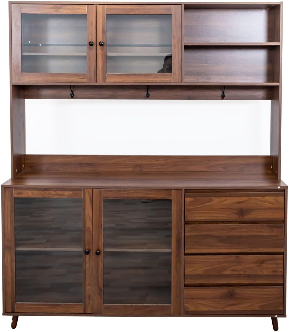 KEIKI 75" H x 63" W Kitchen Pantry Storage Cabinet with Countertop, Glass Doors, Drawers, Microwave Stand and Shelves, Tall Freestanding Wood Hutch Food Pantries Cupboard for Coffee Bar, Dining Room