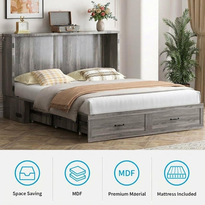 Mjkone Queen Murphy Bed, Cabinet Beds Queen Size with Tri-Fold Mattress Included, Charging Station, Hidden Storage Drawers, Space Saving Murphy Chest Beds, Cabinet Guest Wall Bed for Apartment, Grey