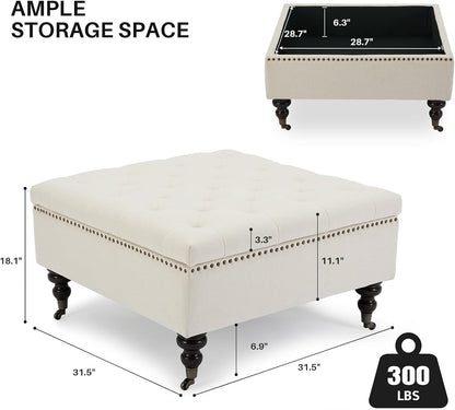 Large Square Storage Ottoman Uphlostered Tufted Button Coffee Table, Beige