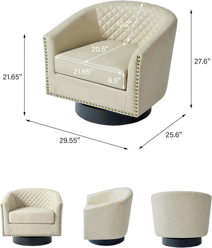 Swivel Barrel Accent Chair Set of 2, Comfy Modern Upholstered Round Faux Leather Arm Chair for Living Room, Bedroom -Beige