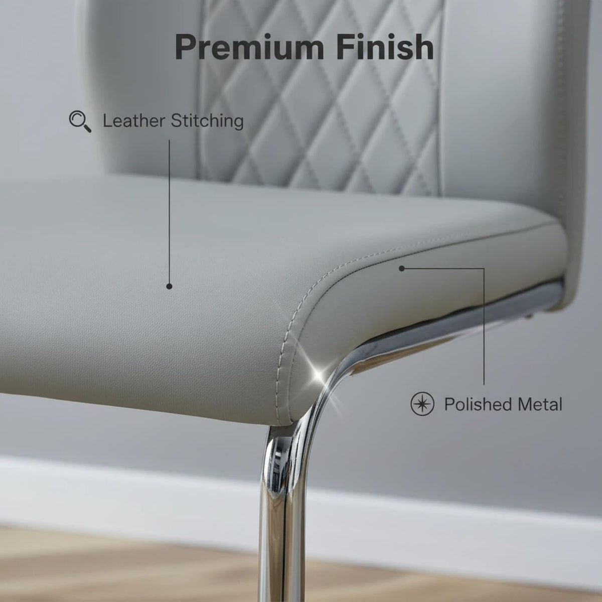 Leather Dining Chairs Set of 8, Modern Upholstered Living Room Chairs with Sliver Metal Legs, Cesca Chair with Armless, Suitable for Kitchen, Bedroom, Living & Dining Room, Light Gray