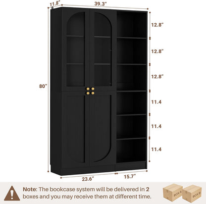 Cyclysio 80" Tall Pantry System with Tempered Glass Doors, Arched Pantries with 6-Tier Open Shelves, Wooden Cupboard Storage Organizer with Baseboard Cutout for Living Room
