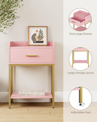 Nightstand, Modern Bedside Table with Drawer and Legs,Pink and Gold Night Stand with Open Shelf, Narrow Side Table for Bedroom, Living Room