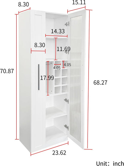Kitchen Pantry Cabinet with Pull-Out Multi-Tier Storage Shelf, Farmhouse Storage Cabinet with Glass Doors, Tall Pantry Organizer for Kitchen, Dining Room & Living Room White
