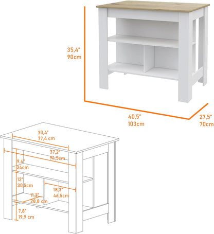 3-Shelf Kitchen Island White and Light Oak with Particle Board | Transitional kitchen island with 3 shelves and ample storage for meal prepping
