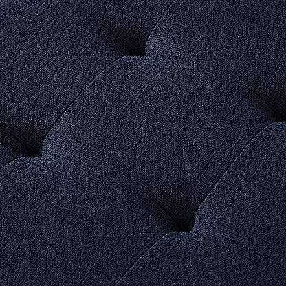 24KF Large Rectangular Upholstered Tufted Linen Fabric Ottoman Bench, Padded Bench with Solid Wood Shelf-Navy Blue