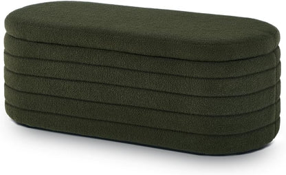 Modern Oval Storage Ottoman Bench, Upholstered Boucle Teddy Fabric End of Bed Bench with Storage, End of Bed Stool with Safety Hinge for Bedroom, Living Room, Entryway, White (Dark Green)