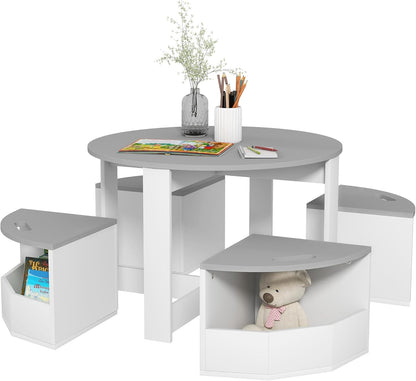 Kids Table and Chairs Set, 5-Piece with Storage for Art and Play, Gray | Gray Kids Furniture Set for Drawing, Crafts, Playrooms, Classrooms, and Nurseries with Storage