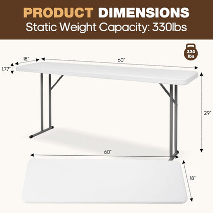 Folding Table 5FT, Heavy Duty Foldable Table for Indoor Outdoor Use, HDPE Rectangle Narrow Folding Table for Seminar, Home Office, Buffet, Camping, Party, White