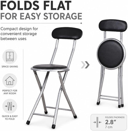 J&V TEXTILES Cushioned Padded Folding Stool with Back | Space-Saving Design, Folds Flat, Padded Backrest, Round Padded Seat, 2.8" Folded Thickness