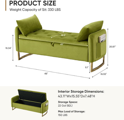 48" End of Bed Bench, Modern Storage Benches with Button-Tufted, Velvet Upholstered Storage Ottoman Bench for Foot of Bed with Arms, Gold Legs Window and Entryway, Olive Green