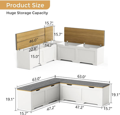 L-Shape Storage Bench with Cushion, 3-Pcs Large Capacity Entryway Chest Corner Seating Bench, Modern Modular Organizer Box for Kitchen, Living Room, Dining Room, Bedroom (White & Wood)