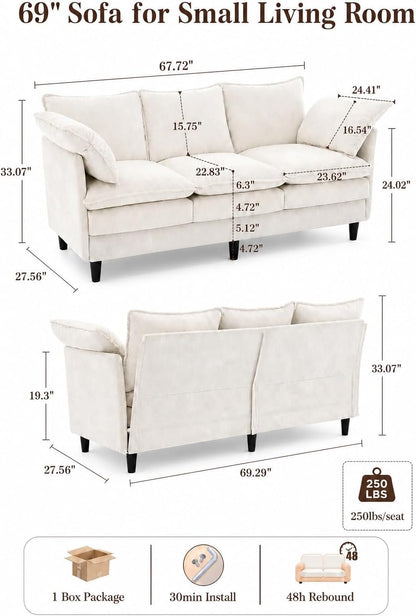 KYJ 69” Small Sofa, Cloud 3-Seat Love Seat, Small Couch for Living Room | 3 Layer Cushion, Washable Pillow, Deep Seat, Chenille Fabric, Raised Leg, Curved Armrest, In a Box for Small Spaces, Beige