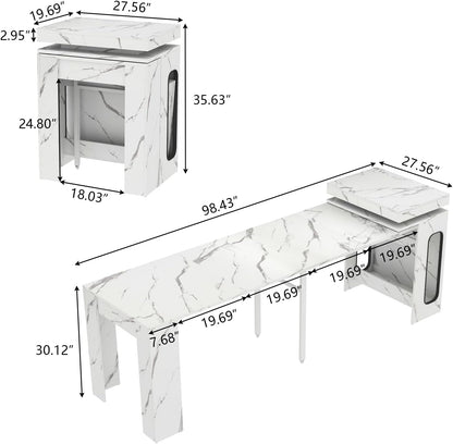 Extendable Dining Table with Charging Station, Convertible Folding Console Table for 6-8 People, Space-Saving Dining Table with LED Lights, Wood Rectangle Kitchen Table, Marble White (No Chairs)