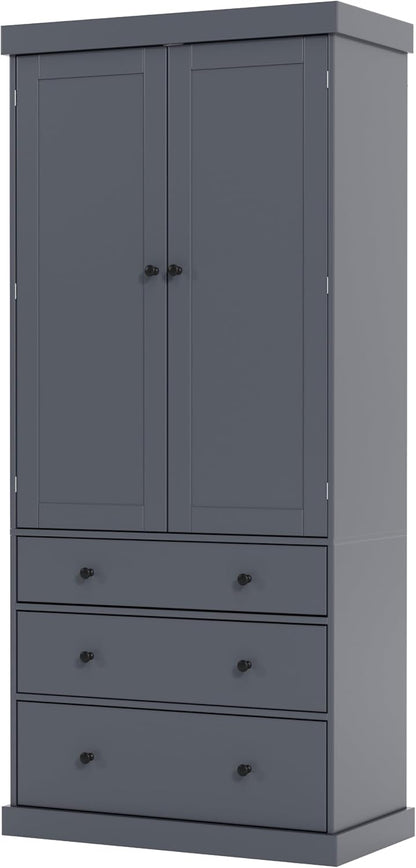 Farmhouse Tall Kitchen Pantry Cabinet with Adjustable Shelves, Freestanding Wood Cupboard with 8 Door Shelves and 3 Drawers for Kitchen, Dining Room (Gray)