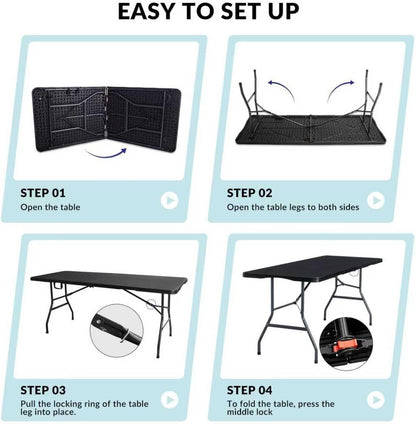Folding Table 6ft Foldable Table with Built in Handle & Steel Legs / 6FT Heavy Duty Folding Portable,Perfect for Party, Dining Indoor/Outdoor Events, Tailgating & Backyard BBQ, Black