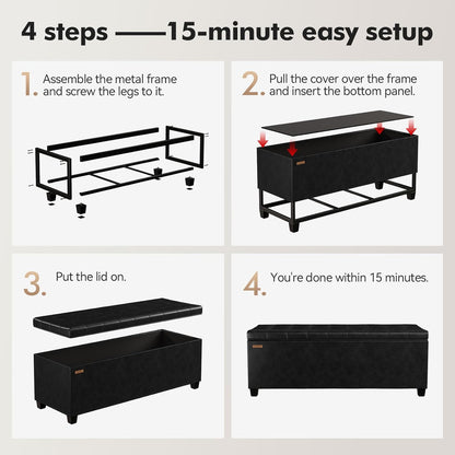 ABHENG Synthetic leather Storage ottoman bench with legs,43.5”W x 15.7”D x 15.7”H,metal frame end of bed bench hold up to 770 LB,Large Storage Chest hold up to 770 LB,Black UASND622B