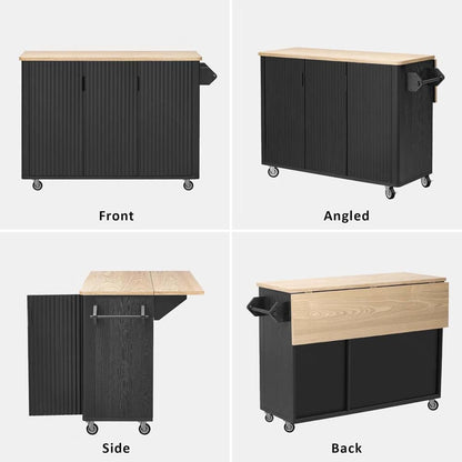 Movable Kitchen Island with Drop Leaf Height-Adjustable Shelves, Kitchen Islands with Storage with Wheels Towel Rack， for Kitchen, Dining Room, Black