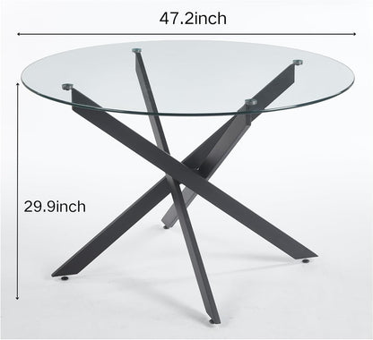 Henf 47.24" Round Dining Table with Black Metal Legs, Glass Kitchen Table for 4-6 People, Round Glass Dining Room Table for Small Space, Easy Assembly Circular Side Desk