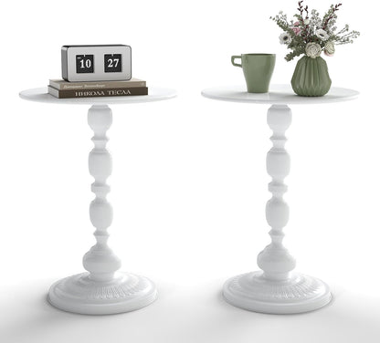 White Side Tables Set of 2 with Metal Pedestal Round End Tables for Small Spaces Living Room Bedroom or Patio Outdoor