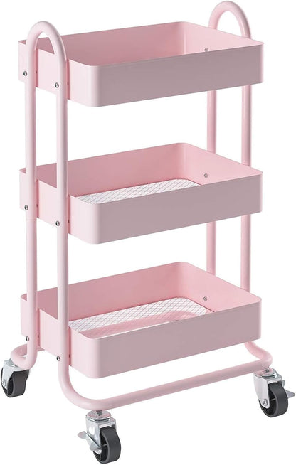 Metal Rolling Cart,3-Tier Pink Rolling Cart with Wheels,Metal Utility Cart with Wheels for Office,Home,Kitchen,Garden（13.4"x18.1"x31"） Pink