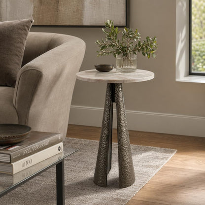 Luxury End Table, Side Table, or Night Stand for Home Decor - Metal Cone Pedestal Base with Antique Brass Marble Top for Small Spaces - Modern Glam Bedroom or Living Room Decor - 22" Bronze & Tan