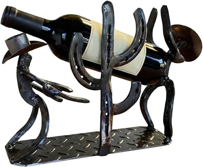 Cowboy Wine Bottle Holder Gift for Men - Heavy Duty Metal Cactus Wine Rack - Rustic Western Decor Countertop Stand - Unique Southwestern Sculpture for Bar, Kitchen, Office