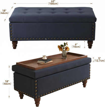 42'' End of Bed Storage Bench with Dual-Surface Lid, Upholstered Ottoman with Hidden Storage, Chenille Bench Seating with Wood Panel Seat for Entryway,Living Room,Bedroom-Blue