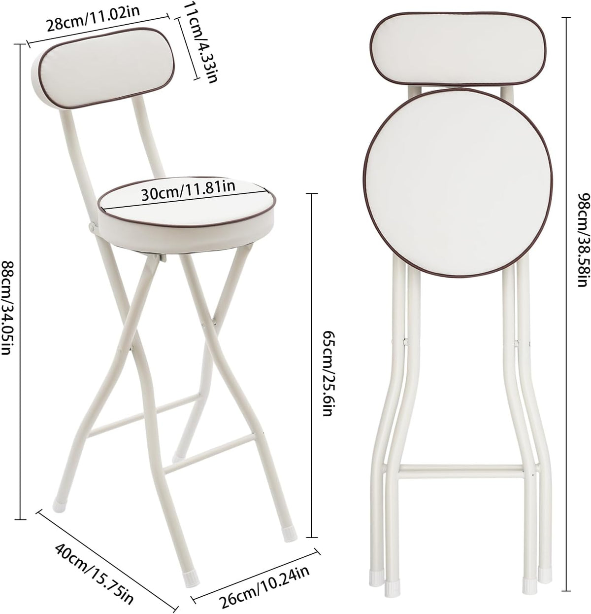 2 Pcs Folding Bar Stool with Backrest, 25.6 Inch Tall Foldable Stool Chair with Leather Padded Seat, Portable Counter Height Collapsible Stool for Kitchen Island Shop Cafe Dining Room, White