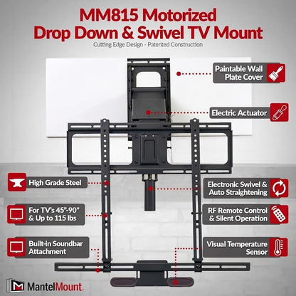 MantelMount MM815 Motorized Remote Control Pull Down TV Mount with Automated Swivel | Above Fireplace Mount for TVs 45"-90" Up to 115 lbs | RF Remote Control & Favorite Memory Positions