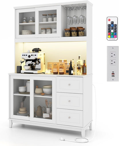 73” Kitchen Pantry Storage Cabinet w/Power Outlets & Led Lights | Tall Cupboard w/ Hutch, Wine Glass Racks, Adjustable Shelves, Drawers, Microwave Shelf for Dining Room (Espresso)