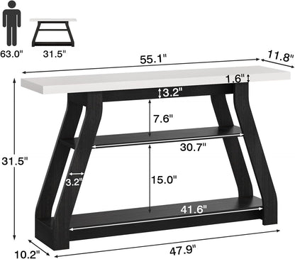 Console Table, 55-Inch Entryway Table with LED Light 3-Tier Narrow Wood Console Tables Behind Couch Sofa Tables for Living Room, Entryway, Hallway (Black+White)