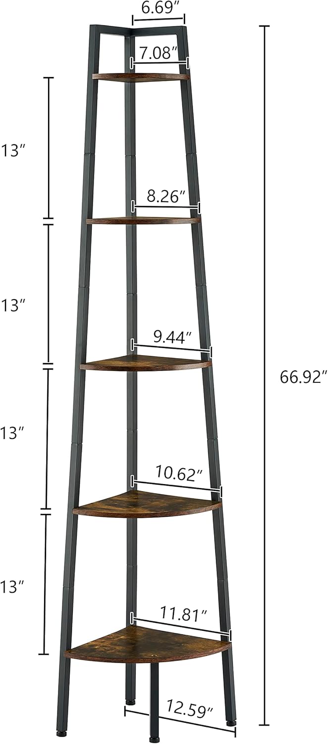 Hoctieon Corner Shelf, 5-Tier Corner Bookshelf, Rustic Ladder Shelf, Industrial Display Stand for Living Room, Kitchen, Home Office, Balcony, Small Space, Metal Frame, Rustic Brown