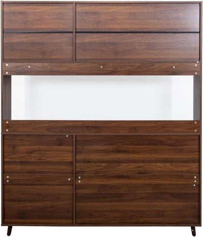 Kitchen Pantry Cabinet with Hutch, 4 Drawers, Glass Doors, Adjustable Shelves, and Open Storage, Freestanding Sideboard for Dining Room or Living Room