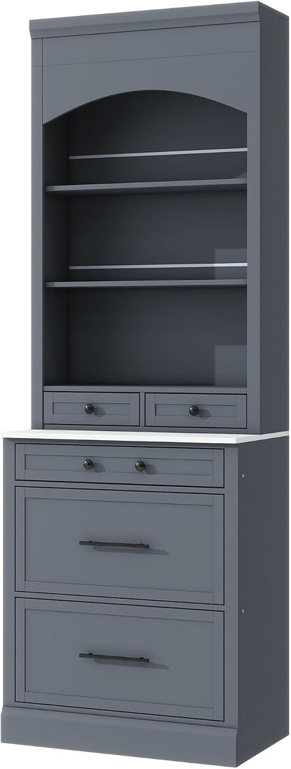Modern 83.7inch High Kitchen Pantry Storage Cabine, Freestanding Tall Kitchen Hutch with Faux Marble Top, Display Cupboard Cabinet with 5 Storage Drawers and Adjustable Shelf, Gray
