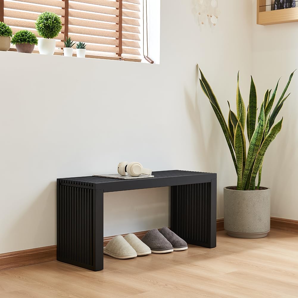 Versatile Wooden Slatted Bench - Sleek Modern Design for Dining, Entryway, Bedroom - Indoor Use with Storage Capability for Home, Kitchen, Bathroom & Beyond (Black)