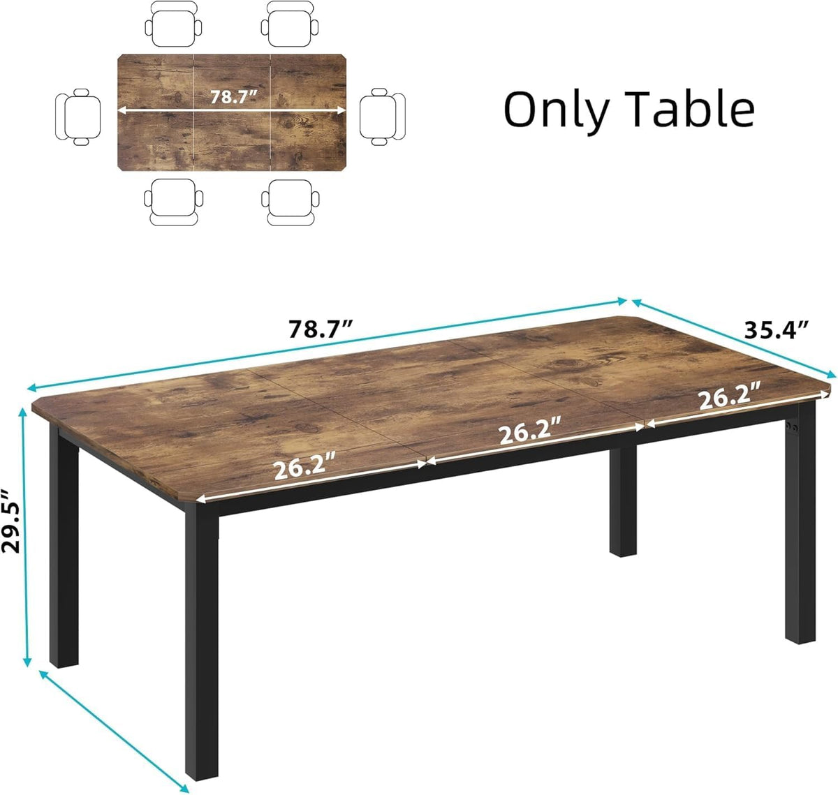 GAOMON 78 Inch Long Kitchen Table for 6-8, Dining Room Table for Kitchen Living Room, Large Dinner Tables, Industrial Indoor Restaurant Tables with Sturdy Metal Frame(Only Table) (Brown)