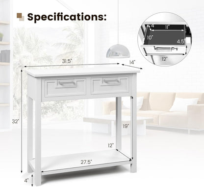 GOFLAME Small Console Table with 2 Drawers, 31” Entry Table with Storage Shelf, Modern, Narrow Sofa Table for Living Room, Hallway, Entrance (White)