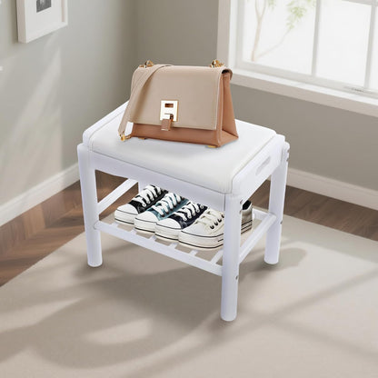 Shoe Bench with Cushion, 2-Tier Bamboo Shoe Rack Bench, Entryway Shoe Storage Organizer with Compartment, Wooden Shoe Storage Bench for Hallway, Living Room, Closet, Bedroom (White)