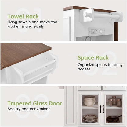 Movable Kitchen Island with Internal Storage Rack, Power Outlet and Open Shelves, Stationary Kitchen Storage Islands with Knife Holder, for Kitchen, Dining