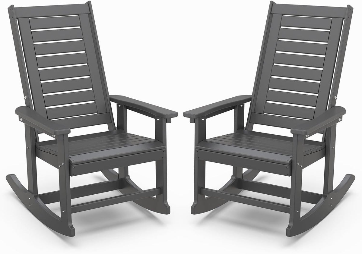 IVY&LANE Outdoor Rocking Chairs Set of 2 | Porch-Rockers | Grey | HDPE Plastic | All-Weather | High Back | Wide Seat | Oversized Patio Rocker for Adult | for Outside Deck Balcony Garden