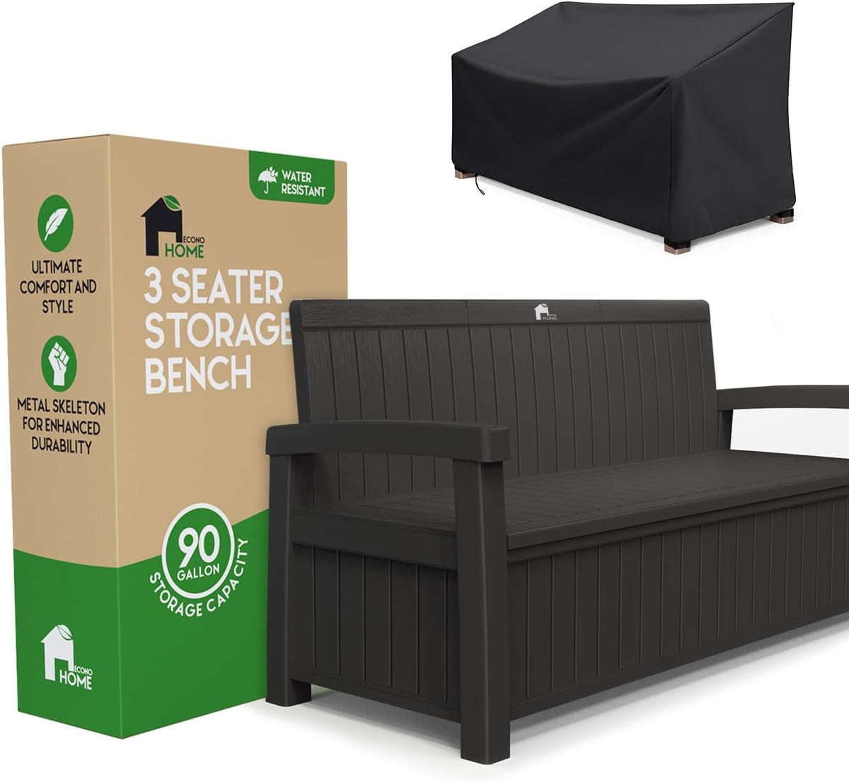 EconoHome 3 Seat Outdoor Storage Bench with Rain Cover - 90 Gallon Capacity - Weatherproof Resin Bench for Patio, Porch, Garden, Yard, Pool Area - Furniture for Pool Accessories, Gardening Tools