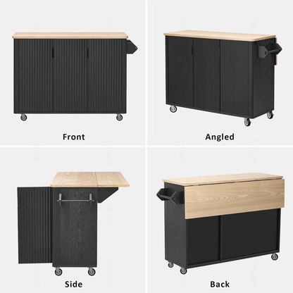 Kitchen Island with Storage with Drop Leaf Height-Adjustable Shelves, Movable Kitchen Island with Wheels Towel Rack， for Kitchen, Dining Room, Black