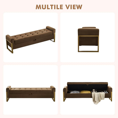 67" Storage Bench for Bedroom, King Size End of Bed Bench, Upholstered Storage Ottoman Bench with Golden Metal Legs, Bedroom Bench for Entryway, Brown