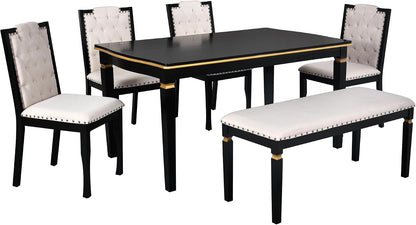 LUMISOL 6-Piece Farmhouse Dining Table Set, 60” Solid Wood Table, 4 Upholstered Chairs and Bench, Black