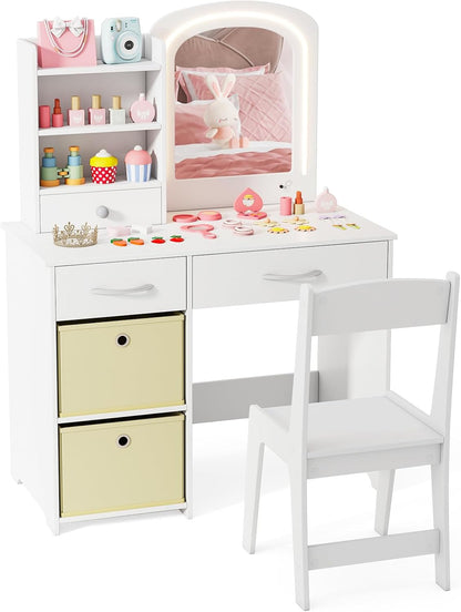 Costzon Kids Vanity with Lights, Princess Makeup Dressing Desk with Mirror and Stool, Storage Drawers, Shelves, Vanity Table and Chair Set for Little Girls (White)
