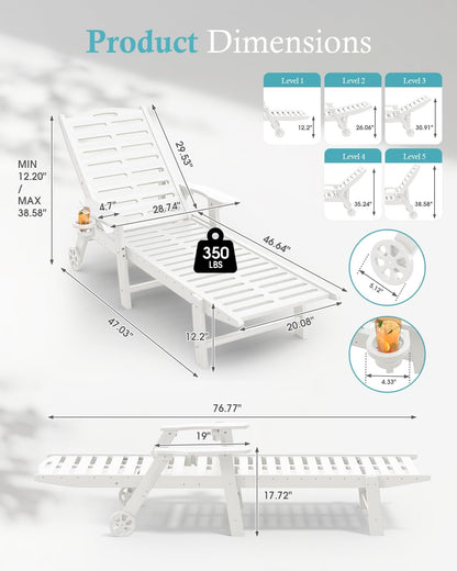 Ciokea Outdoor Chaise Lounge Chair, 5-Position Adjustable, White | HDPE All-Weather Chaise Lounge, UV Resistant, Armrests, Wheels, Cup Holder, 350 lbs Capacity, Outdoor Relaxation